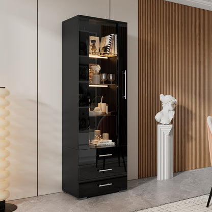 Modern Black Glass Display Case with 3 Drawers - High-Gloss Finish, Freestanding Vertical Storage Organizer for Home Decor, 60x35x180cm, Glass Display Cabinet, Contemporary Furniture, Metallic Frame