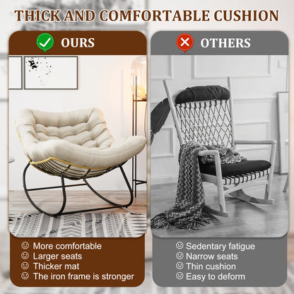 Schommelstoel – Schommelstoel Tuin – Relaxstoel – Fauteuil – Loungestoel – Oversized Wicker Ei-Vorm – Met Memory Foam Kussen – Weerbestendig PE-Rattan Metalen Frame – Beige