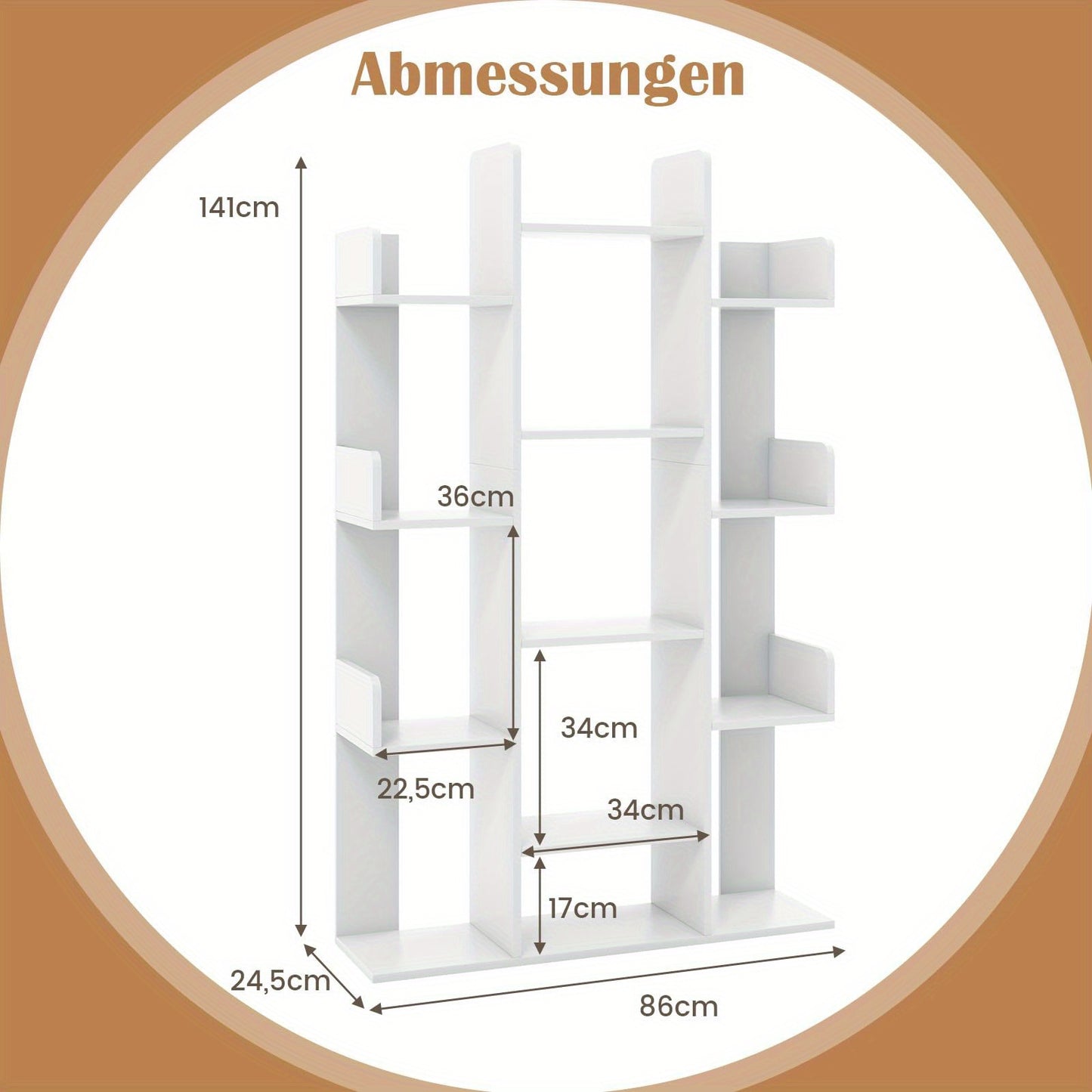 Boekenplank – Boekenkast – Wandplank – Boekenrek – Wandrek – Boomvormig Design – 13 Open Vakken – Wit Hout – Inclusief Anti-Kantel Beugels – 86x24x141 cm