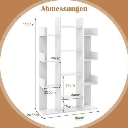 Boekenplank – Boekenkast – Wandplank – Boekenrek – Wandrek – Boomvormig Design – 13 Open Vakken – Wit Hout – Inclusief Anti-Kantel Beugels – 86x24x141 cm