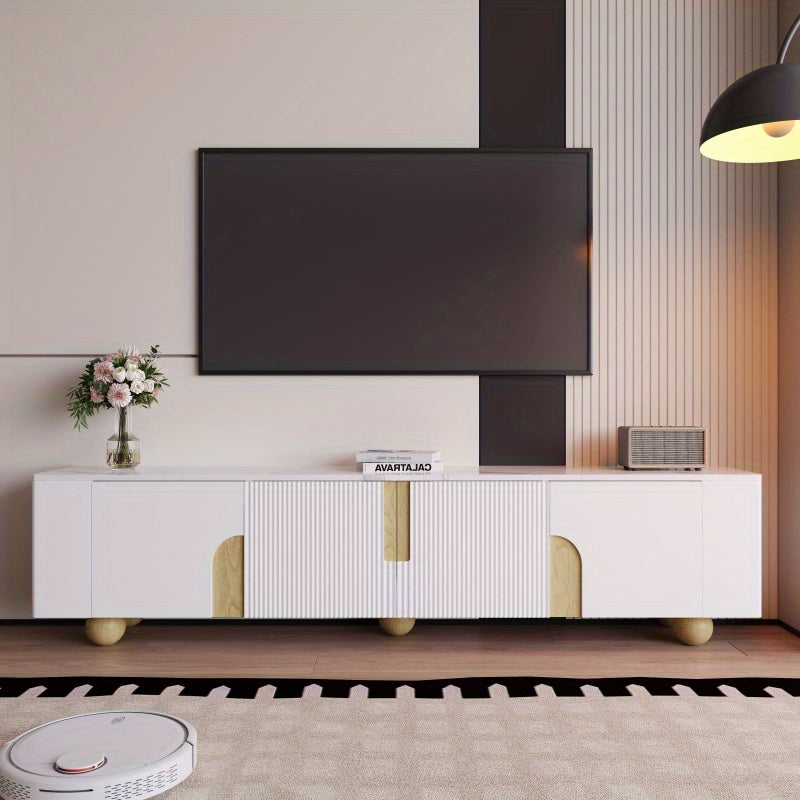 Tv-meubel – TV-kast – Tv-dressoir – Mediameubel – Witte uitvoering – 180 cm breed – Marmer-look oppervlak – Bolvormige houten poten