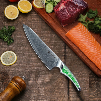 Damesschilmessen – Schilmesje – Utility Mes – Koksmes – Keukenmessen Set – VG10 Damascus Staal – Ergonomische Hars Handgrepen – Ambidextrisch Design – Groen