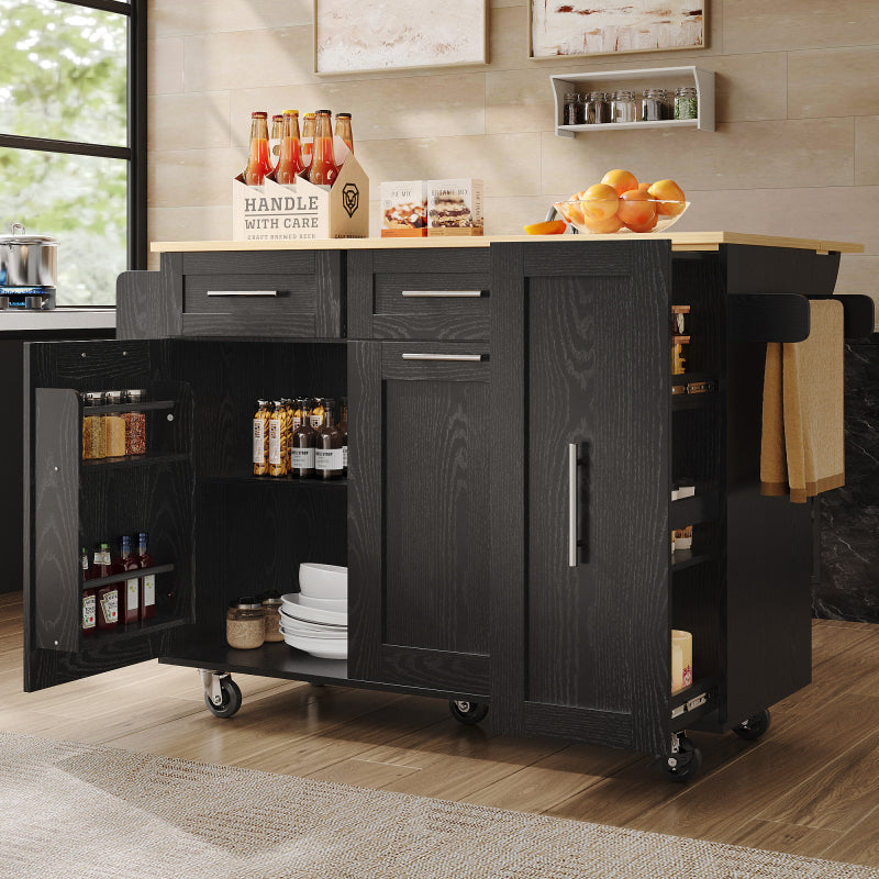 Modern Kitchen Island, Kitchen Cabinet, Buffet Cabinet, Dining Cart with Wood Veneer, Multifunctional Dining Table with Storage Space, Dining Cart with Snack Shelves And Stretch Function Cabinets, Black.