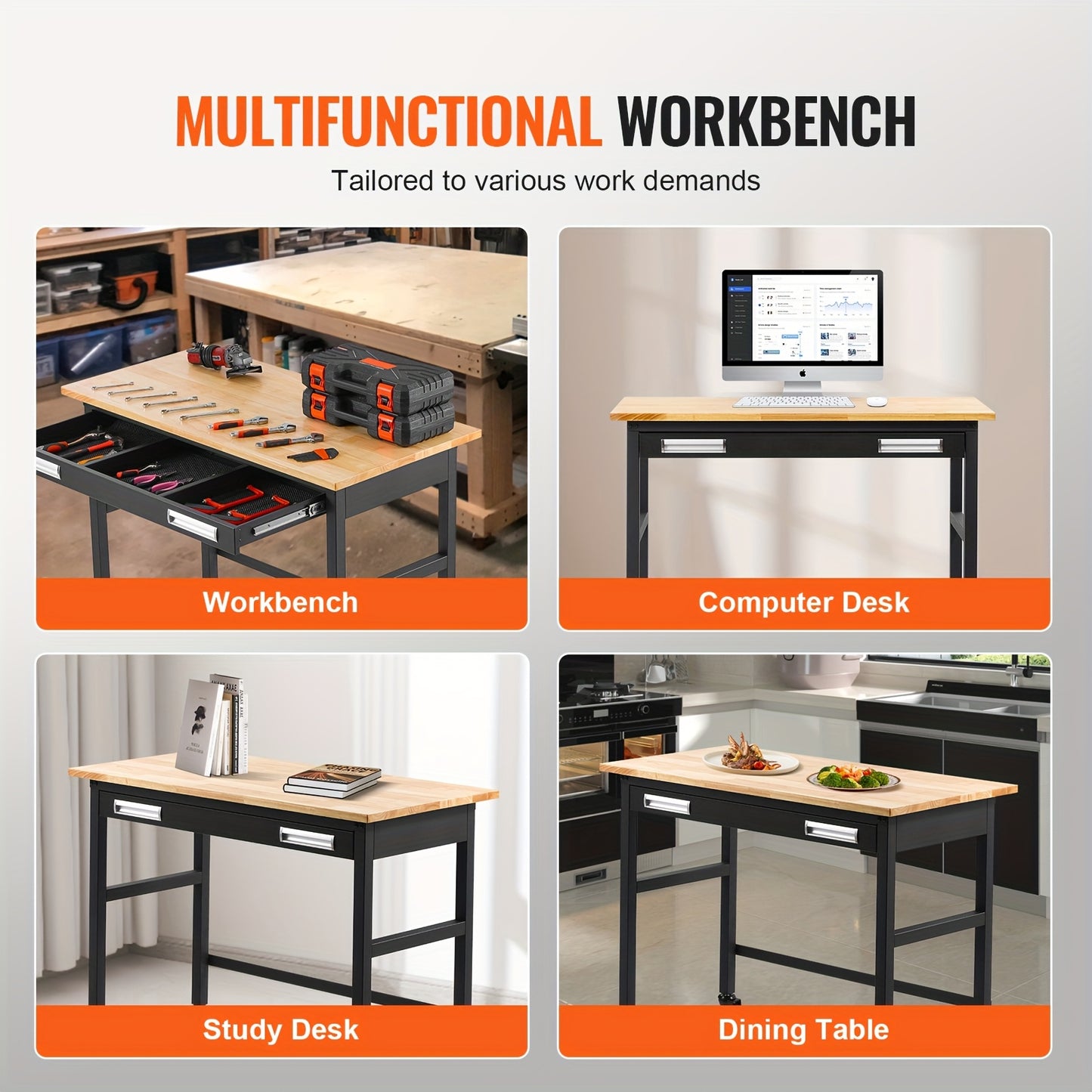 Werkbank – Werktafel – Werkbank Op Wielen – Werkbank Met Lade – Mobiele Werkbank – Houten Werkblad 122 cm – Draagkracht Tot 680 kg