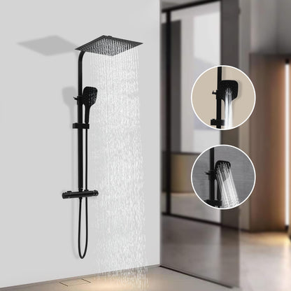 TOOL1SHOOO Black Shower System 3-Mode Handheld Shower Head 360° Rotatable Overhead Shower Head Thermostatic Control Adjustable Track Height Spring Hose 149.35 cm Modern Bathroom