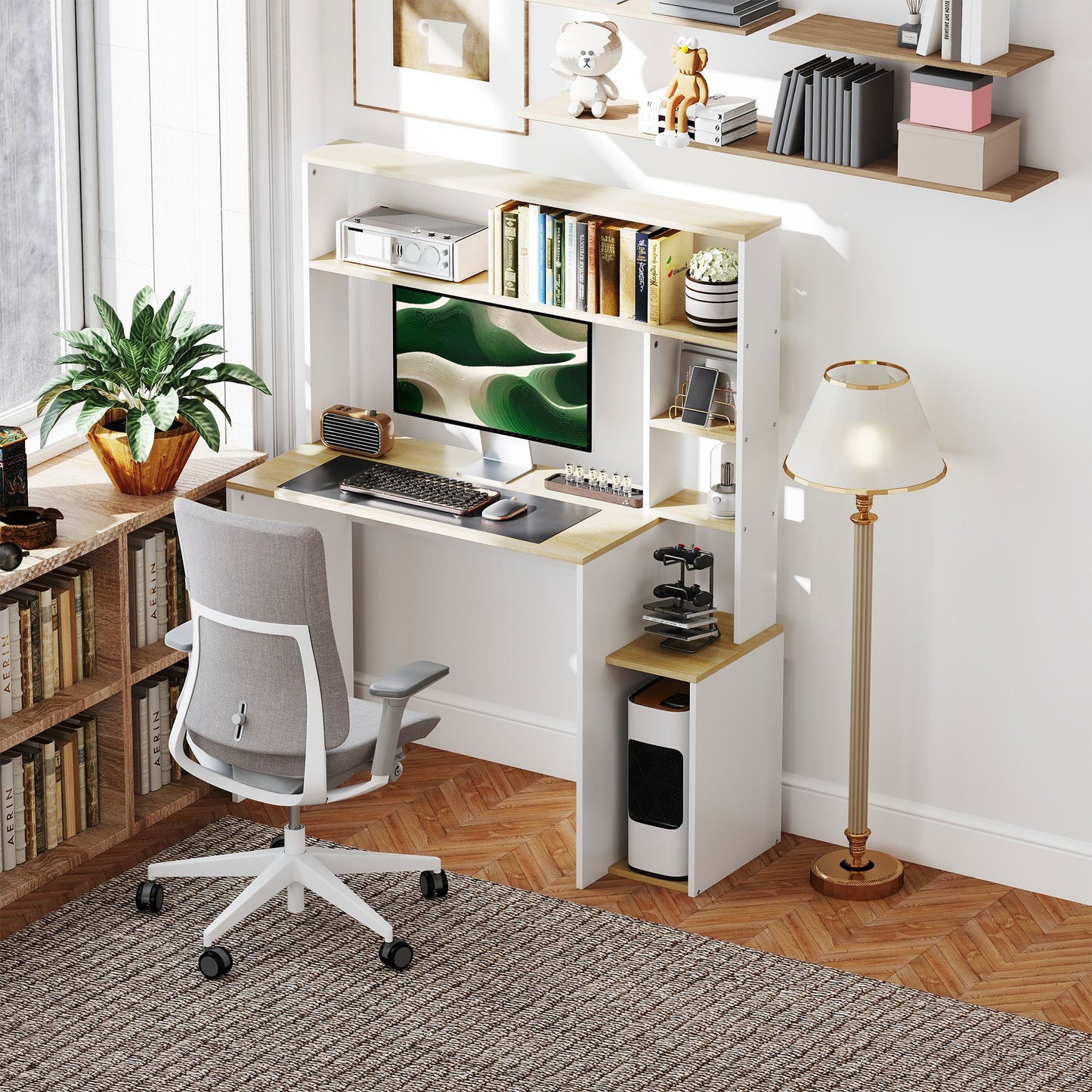 Bureau – Computerbureau – Schrijftafel – Werkplekmeubel – Thuiswerkbureau – Lichtbruin Eiken Wit – Met Open Opbergruimte – Inclusief Stevige CPU-standaard