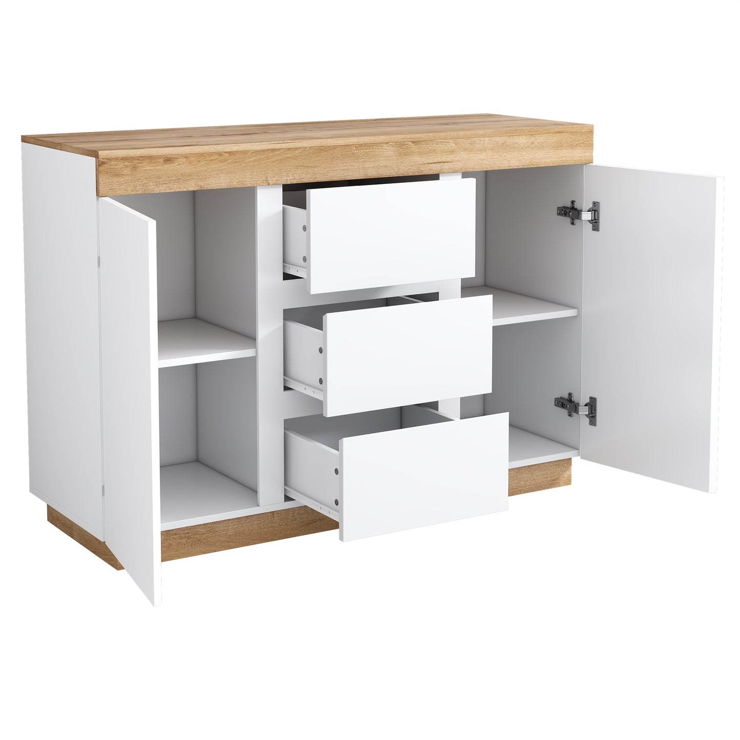Ladekast – Commodes – Opbergkast – Dressoir – Ladenkast – Wit + Eiken – 3 Laden en 2 Deuren – Bamboe Materiaal & Minstens 68,58 cm Hoogte