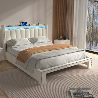 160x200 cm Tweepersoonsbed Frame met 3 Laden – Gestoffeerd Hoofdeinde & LED-Verlichting – Modern Roze Bed met USB-Verlichting, Stevige Metalen Ondersteuning
