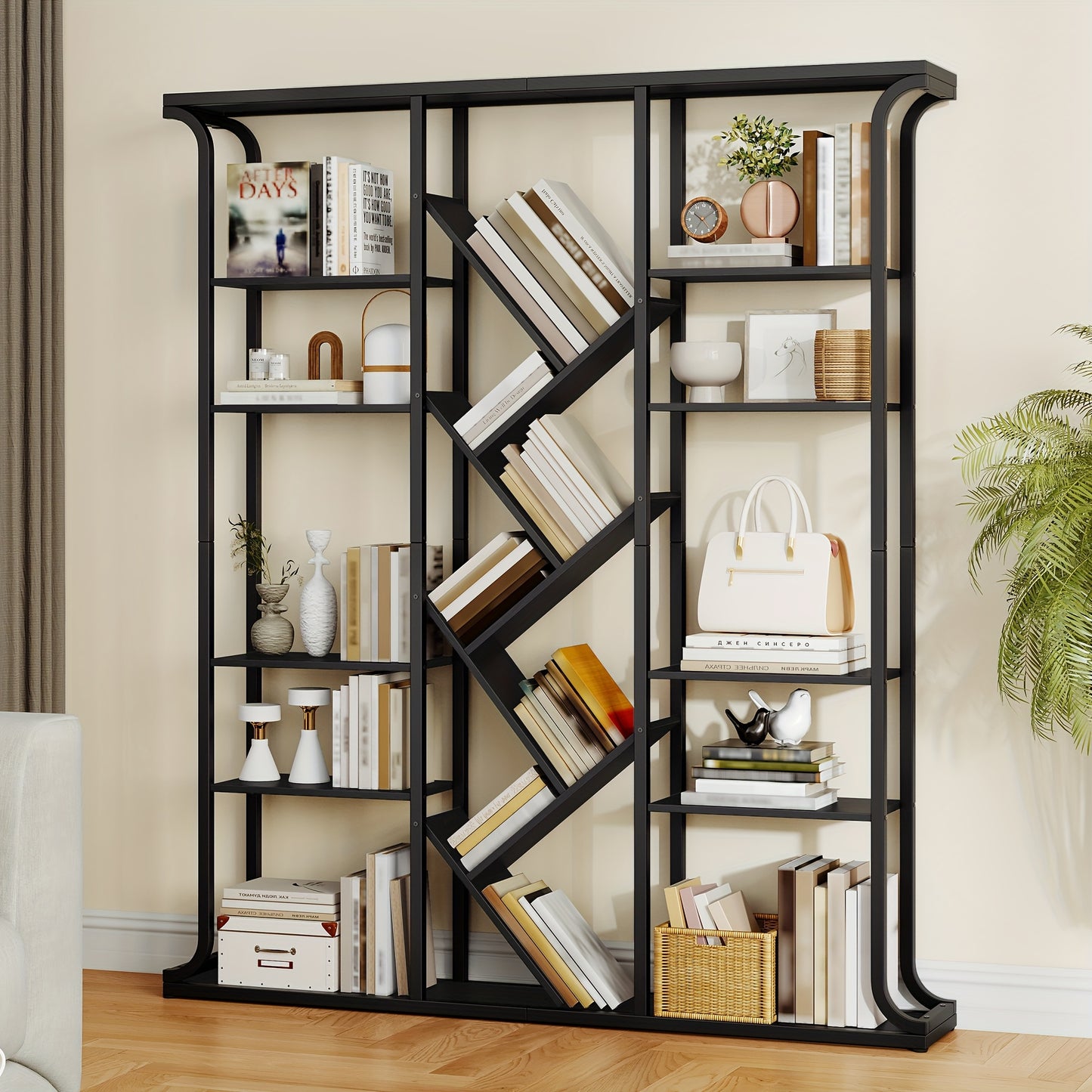 Bookshelf, 3 Columns 6 Tier Tree-Shaped Bookcase, 17 Compartments Open Independent Shelves, for Home Office, Bedroom, Living Room, 24 X 156 X 180cm