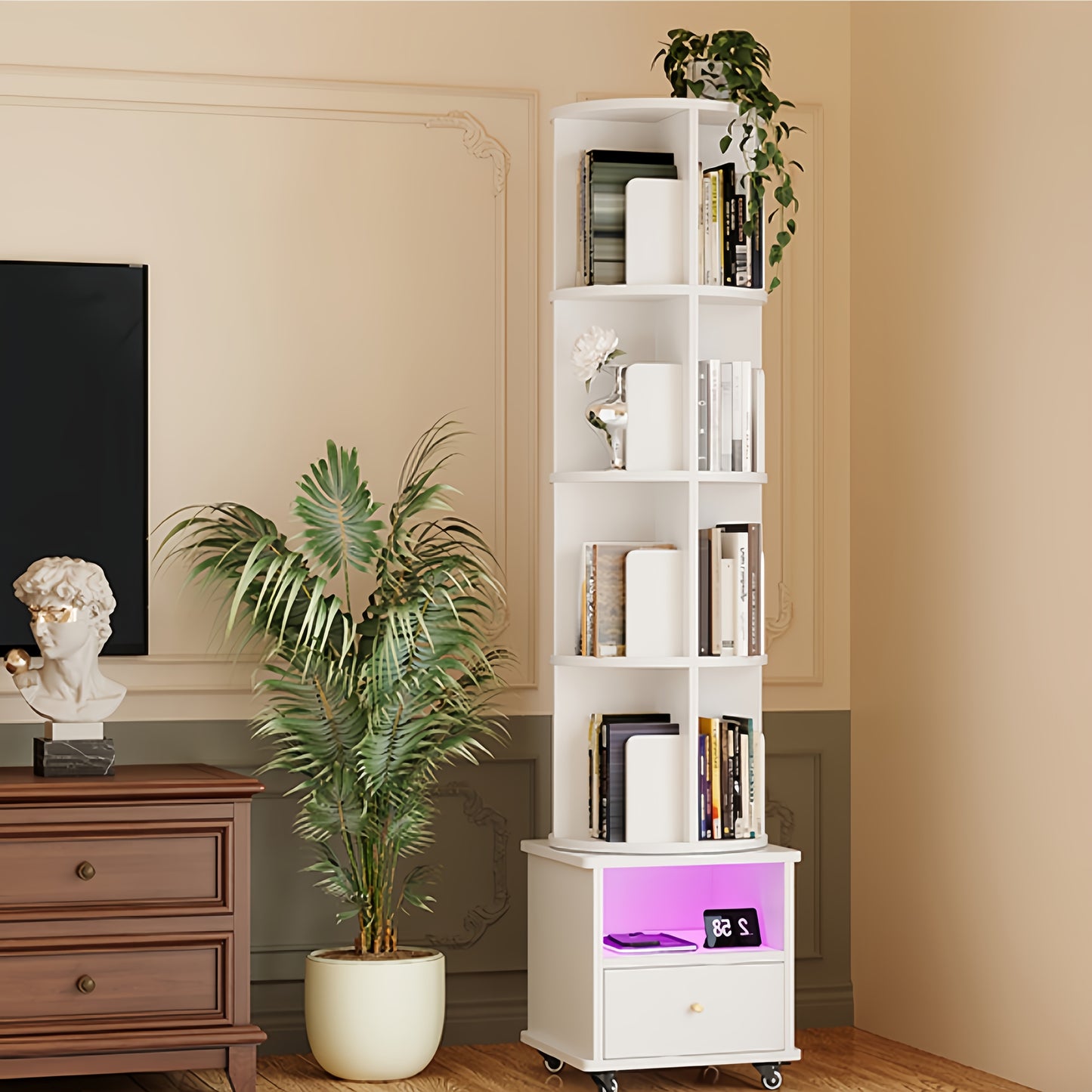 Draaibare Boekenkast – Boekplank – Boekenrek – Opbergkast – Boekhouder – 4 Planken Met Lade – 360° Draaibaar En Robuust Hout