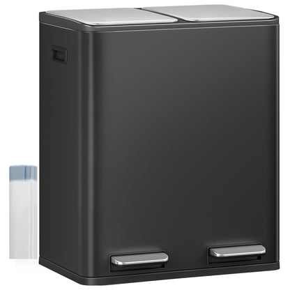 Kitchen Waste Bin, Waste Sorting System, 2 Compartments 60L (2 X 30L), Stainless Steel Kitchen Waste Bin, Pedal Bin, Quiet And Slow Lowering, with 15 Special Waste Bags Laundry Hampers - QUORE