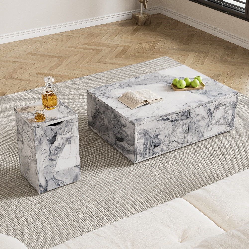 Salontafel – Bijzettafel – Koffietafel – Sofa Tafel – Balkon Tafel – Marmerlook MDF – Set Van 2 – Met Opbergruimte – Flexibel Plaatsbaar