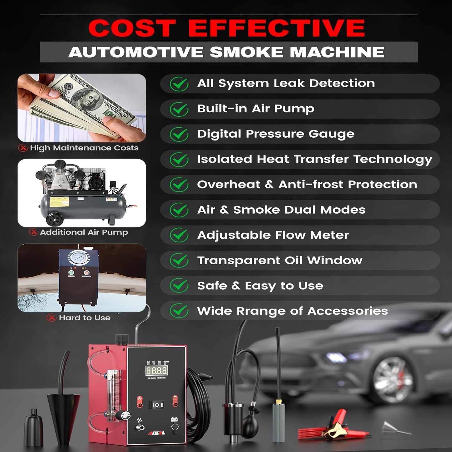 Automotive Rooktester – Rookgenerator – Lekdetectieapparaat – Vacuümtester – Systeemchecker – 12V Auto – Oververhittingsbeveiliging – Compact Ontwerp
