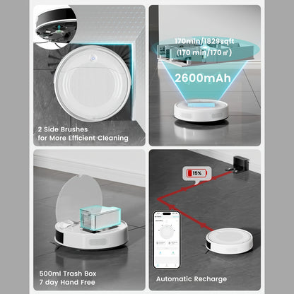 Robotstofzuiger – Robotstofzuiger met dweilfunctie – Stofzuigerrobot – Dweilrobot – Automatische reiniger – 6000 Pa Zuigkracht – ToF Laser Navigatie met App-en Spraakbediening – Wit