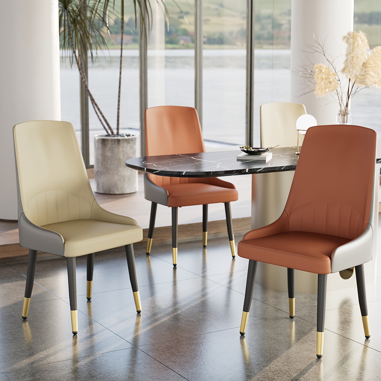 Eetkamerstoelen – Stoelen – Keukenstoelen – Woonkamerstoelen – Zitmeubelen – Set Van 2 Oranje+Grijs – Ergonomische Hoge Rugleuning – Max Belastbaar 150 Kg