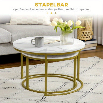 Ronde Bijzettafel – Salontafel – Eettafel – Accenttafel – Tafeltje – Stalen Frame – Marmerlook Wit – 30kg Draagkracht – Stapelbaar 2-delig Set