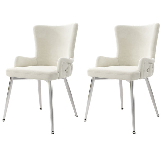 Eetkamerstoel – Stoel – Designstoel – Armstoel – Luxe stoel – Set van 2 Beige – Comfortabele Bekleding – Zilverkleurige Metalen Poten