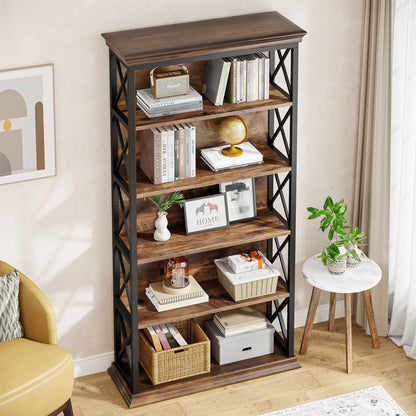 6-story bookshelf, 180cm high industrial bookshelf, floor standing 6-storey display rack and storage rack, suitable for large capacity storage racks in home offices, living rooms, study rooms, and bedrooms, available in brown