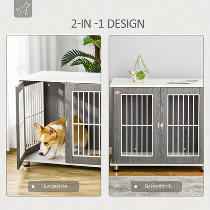 Hondenbench – Hondenkooi – Dog crate – Dierenbench – Huisdierbench – Medium – Stalen Constructie – Multifunctionele Bijzettafel Met Kussen – Modern Grijs-Wit – Ruim & Toegankelijk