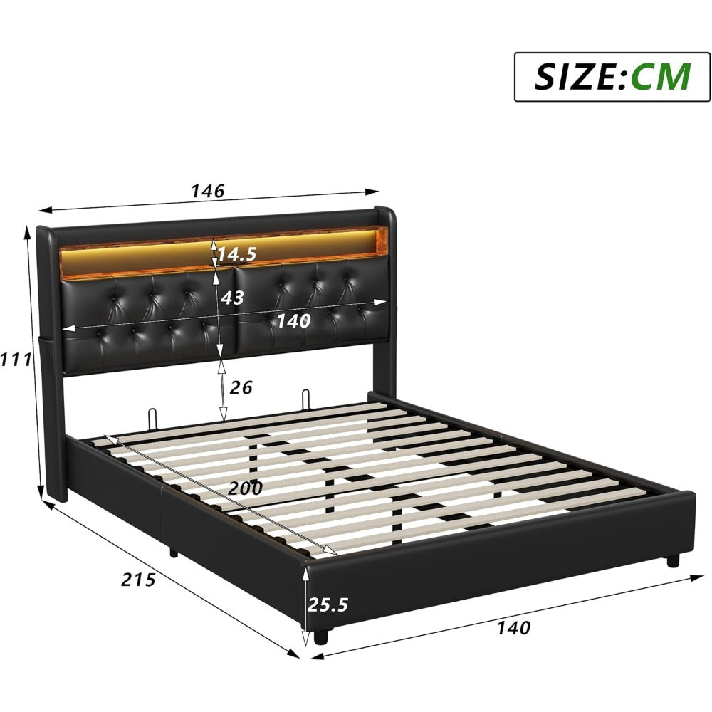 Bedbank – Slaapbank – Tweepersoonsbed – Slaapsofa – 160 x 200 cm – Gestoffeerd Polyurethaan – Hydraulische Opbergruimte Met USB-Laadpoort En LED-Verlichting