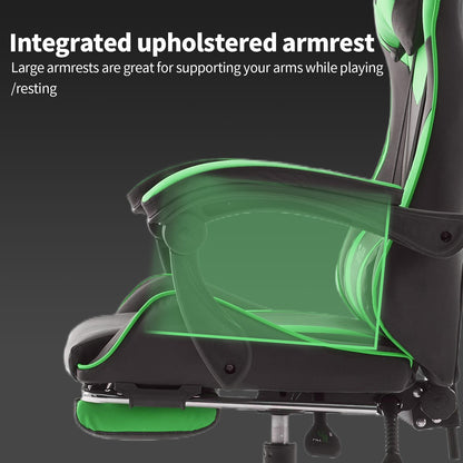 Gamingstoel – Gamestoel – Gaming Chair – Game Stoel – Ergonomische Bureaustoel – Inklapbare Voetensteun – Verstelbare Rugleuning – Duurzaam Roestvrij Stalen Frame – Fris Groene Kleur