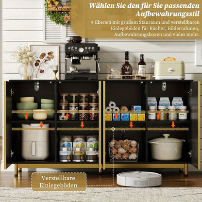 Dressoir – Sideboard – Opbergkast – Buffetkast – Kast – Modern Design – 150 cm – Golvende Ribbeldeuren – Verstelbare Metalen Poten – Zwart