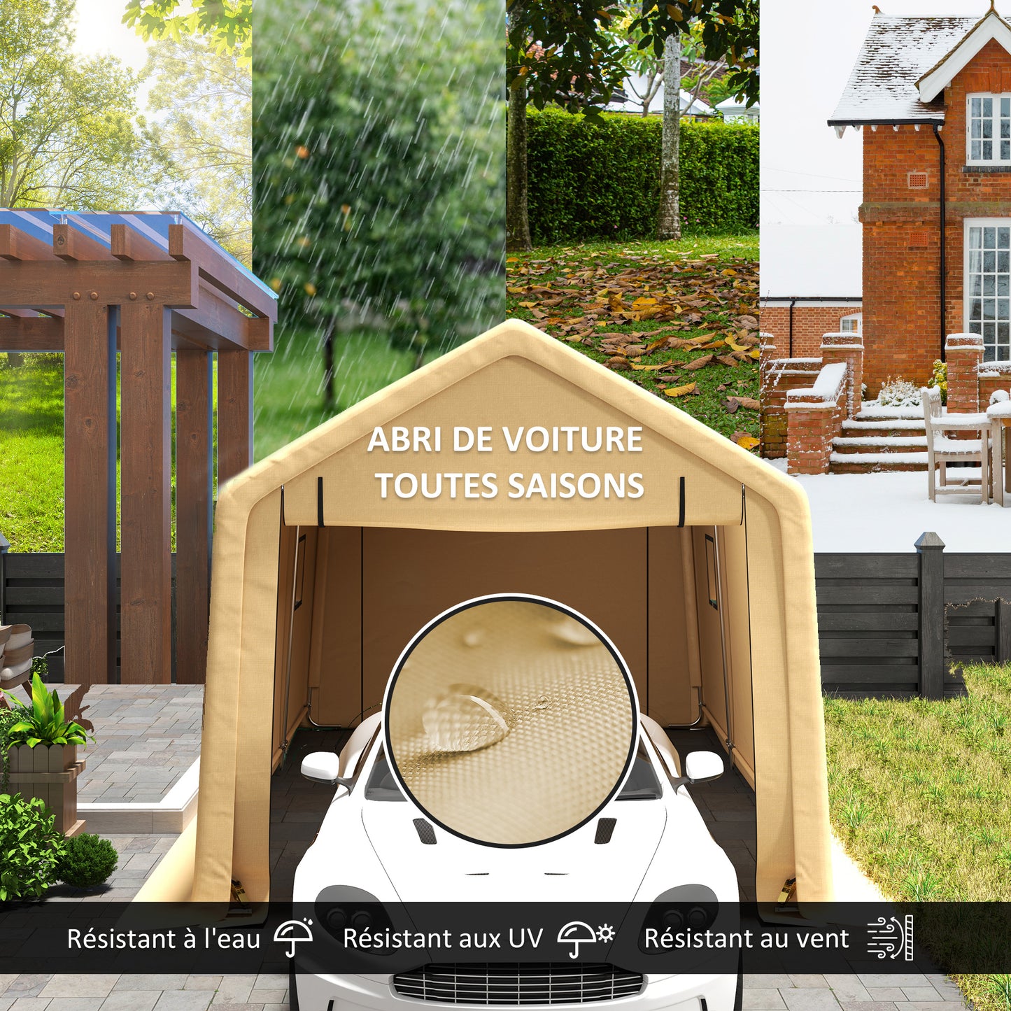 Carport – Buitenoverkapping – Garage – Autohoes – Schuur – Waterdicht PE Doek – Stevig Stalen Frame – Geel – 300x520x275 cm – Rolbare Afsluitbare Deur