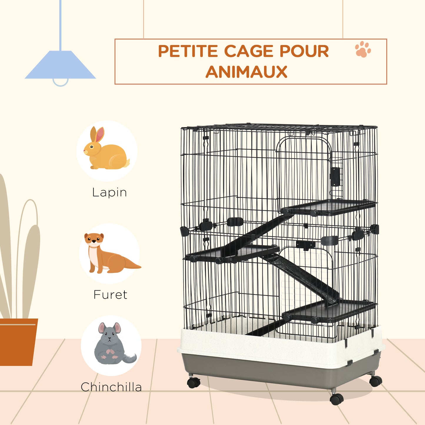 Kooi Kleine Knaagdieren – Huisdierkooi – Caviakooi – Konijnenhok – Hamsterkooi – Metalen Frame – 3 Verwijderbare Platforms – 4 Wielen Met Rem – 81,2x52,7x114 cm – Zwart