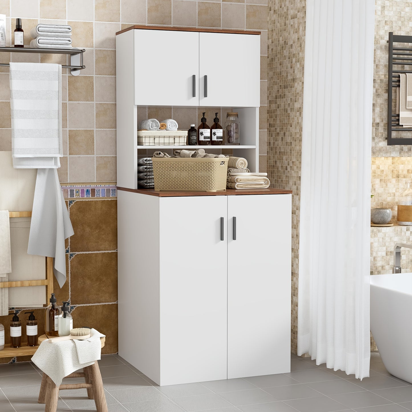 Opbergkast – Opbergmeubel – Kast – Bergkast – Opbergrek – Met Dubbele Deuren – Geschikt Voor Wasmachine 68x68x170cm – Wit – Verstelbare Planken – Stevig Hout