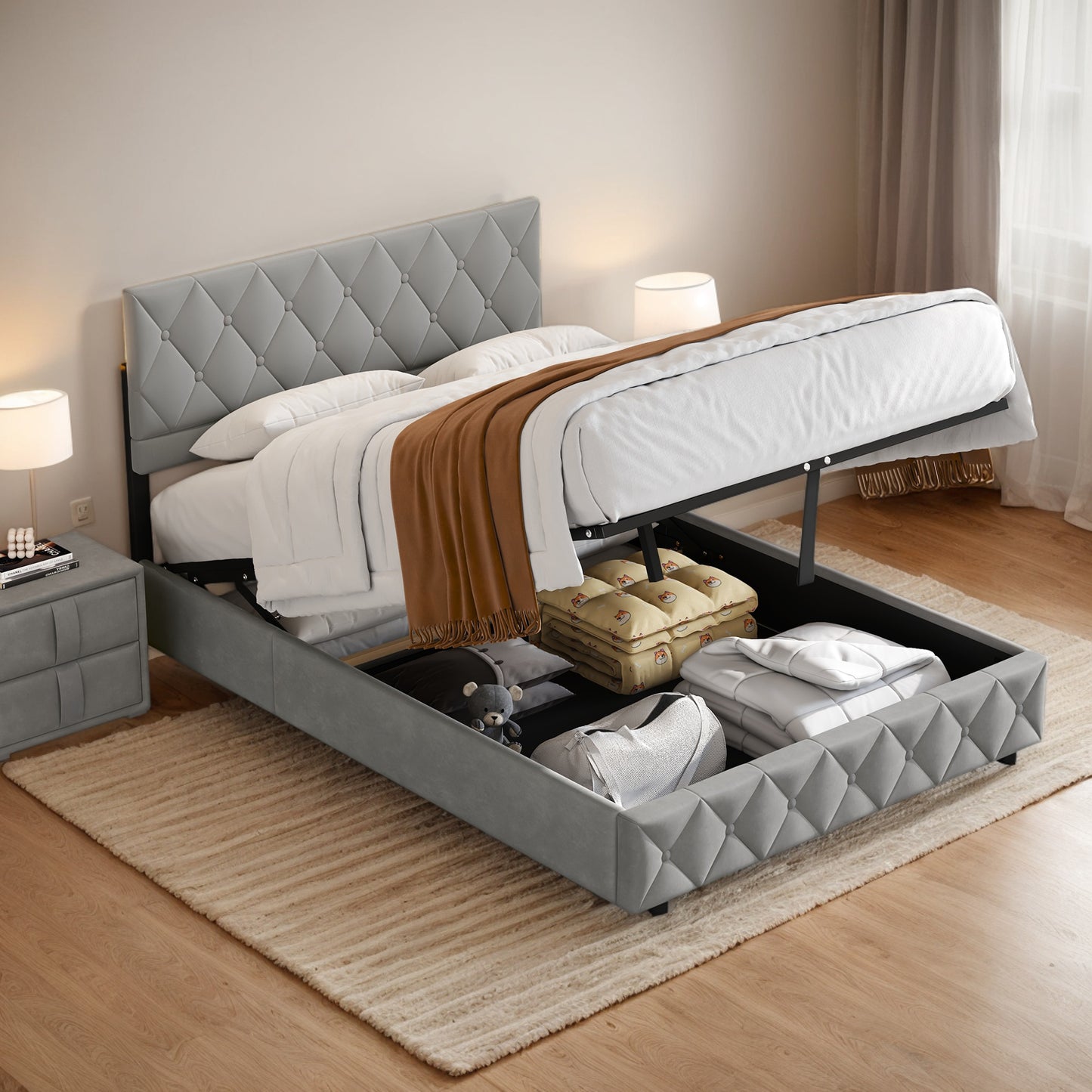 Bedboxspring – Boxspringbed – Gestoffeerd Bed – Tweepersoonsbed – Boxspringbed Met Opbergruimte – 180x200 cm – Hydraulische Lift – Luxe Lichtgrijze Velvet