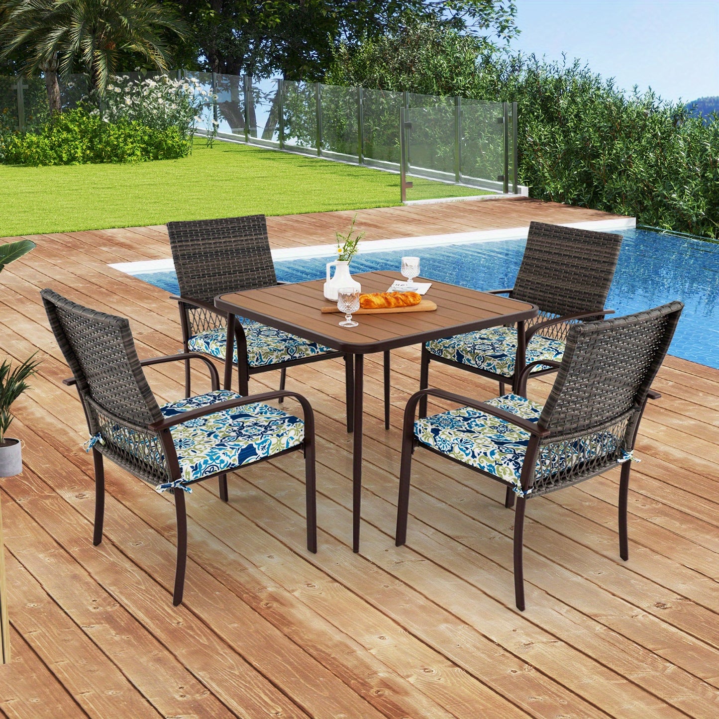 5-delige tuinset – tuinmeubelset – loungeset – terrasset – buitenmeubels – PE-rattan en metaal – vierkante tafel 80x80 cm met parasolgat