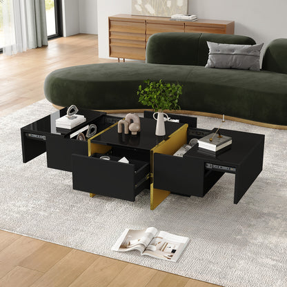 Salontafel – Koffietafel – Woonkamertafel – Bijzettafel – Uitschuifbare Tafel – Zwart – 4 Lades – Gouden Poot – Multifunctioneel – Laag Profiel