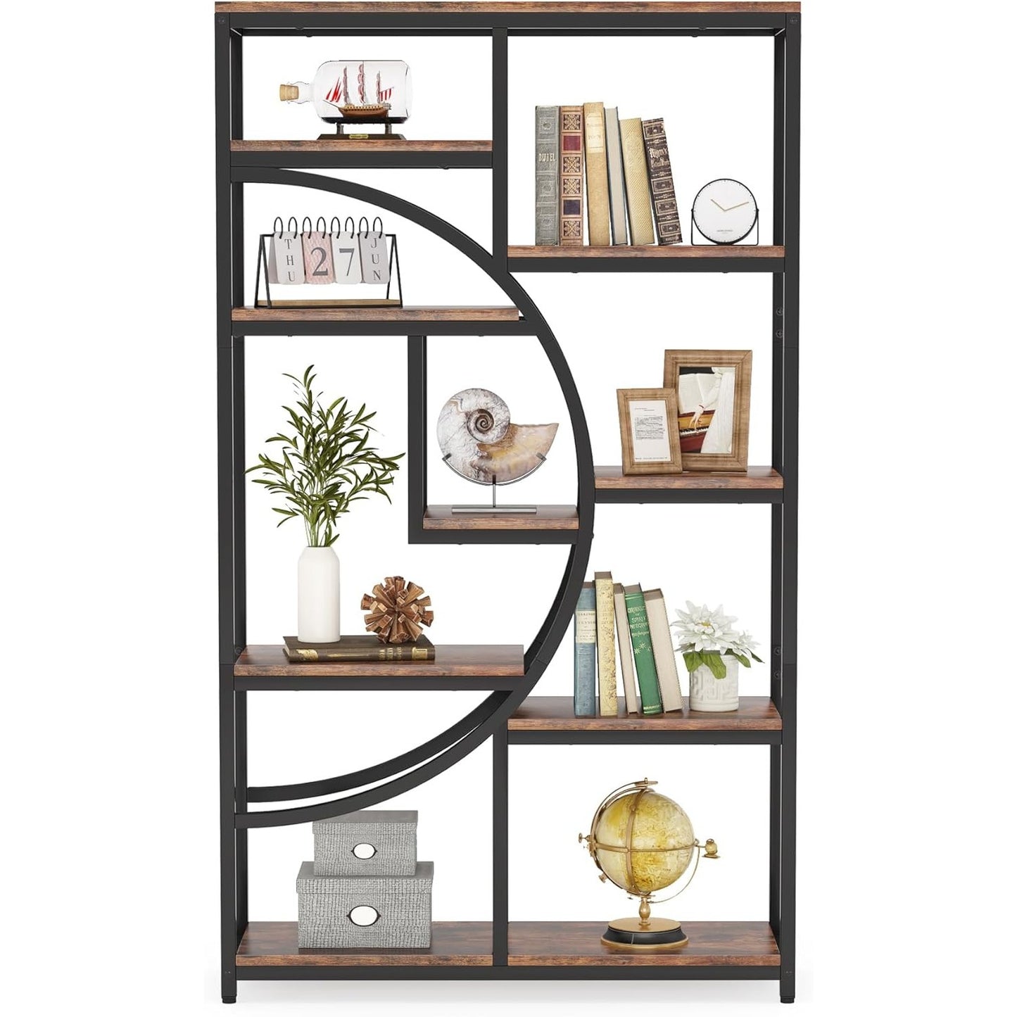 Boekenkast – Boekrek – Wandrek – Opbergkast – Vakkenkast – 9 Open Vakken – Robuust MDF Met Metaal – Industrieel Design – Rustic Brown & Zwart