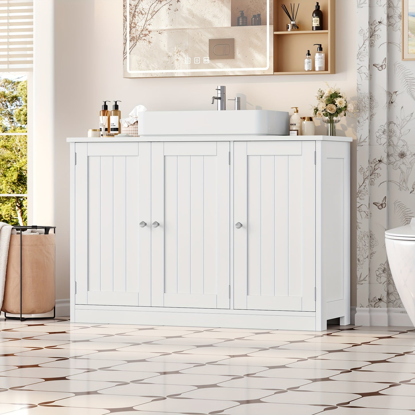 Kealive White 3-Door Modern Bathroom Cabinet with Adjustable Shelves & Doors - Vanity Unit, White, Golden-Toned Knobs, Space-Saving Storage for Bathrooms, Easy Assembly (Fits Small/Large Bathrooms)
