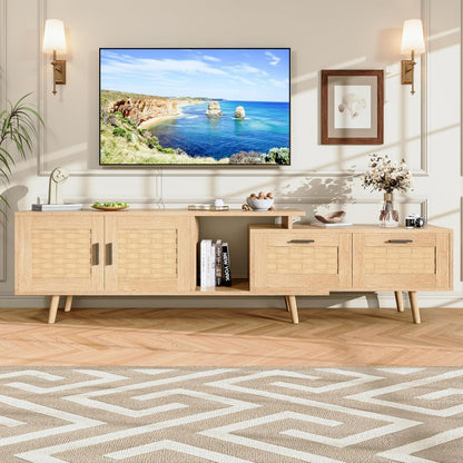 tv-meubel – tv-kast – dressoir – mediameubel – wandmeubel – Mid-Century Modern Design – Natuurlijke Rattan Accenten – 146x30x44 cm – MDF Hout