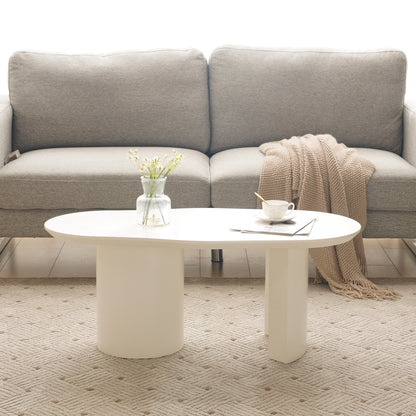 Modern White Curved Coffee Table - 100cm Long Irregular Oval/oval-like (not a true oval) Tabletop, Space-Saving Sturdy Metal-Free Assembly Design, Low-Maintenance White Finish, Large Living Room Center Table for Sofa & Bedsid