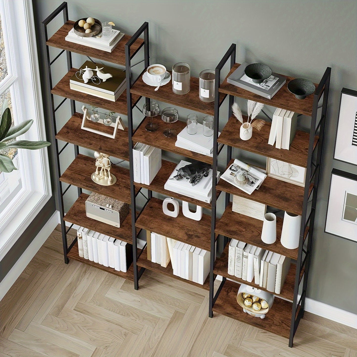 Boekenkast – Vrijstaand Rek – Wandkast – Open Kast – Boekenplank – Vintage Bruin-Zwart – 17 Schappen – Verstelbare Indeling 24x152x186 cm – Draagkracht 340 kg