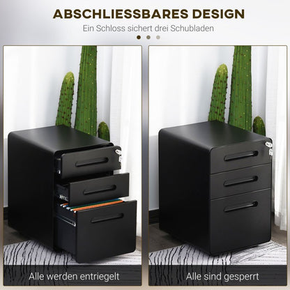 Archiefkast – Ladenkast – Opbergkast – Dossierkast – Ladeblok – 3 Laden Met Slot – Compact En Stevig – Zwart 39x48x59 cm