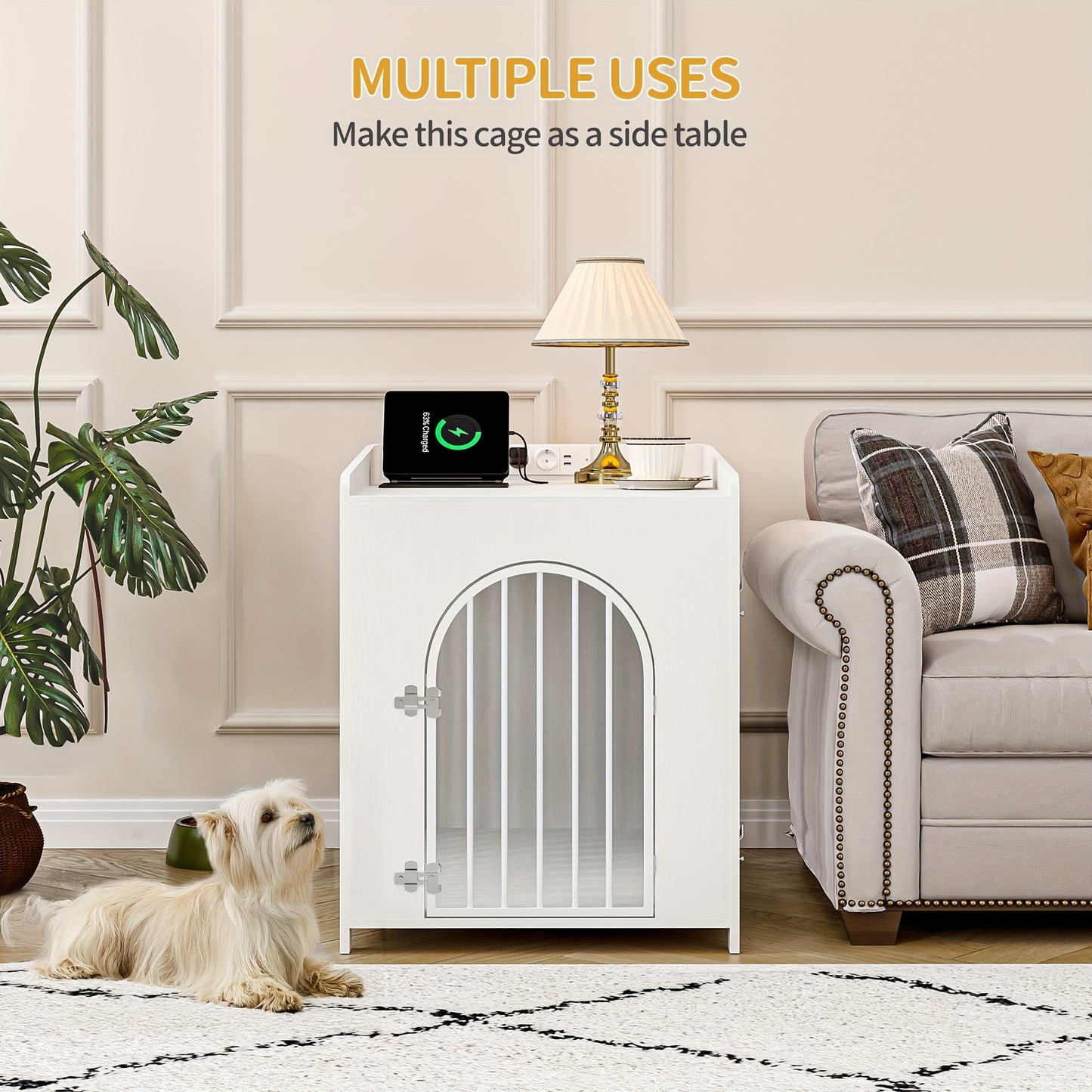 Dog Cage Furniture, 90cm Dog Crate with USB Port And Power Socket, 2 Doors, Modern Indoor Dogs Cage for Small And Medium Dogs, End Side Table, Indoor Kennel, 63 X 90 X 79cm, White