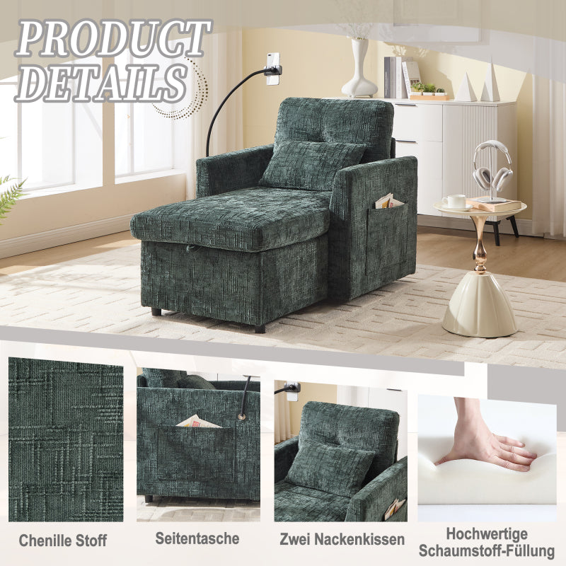 Loungestoel – Relaxstoel – Fauteuil – Leunstoel – Chenille Stoel – Inklapbaar & Ruimtebesparend – Zachte Chenille Bekleding & Telefoonhouder Met Opbergruimte