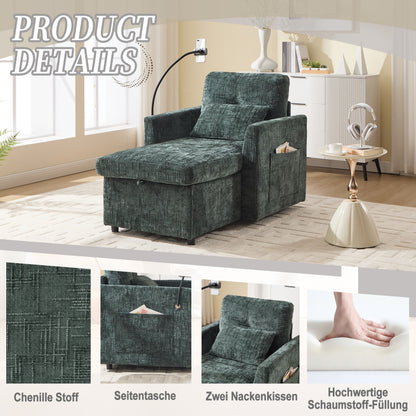 Loungestoel – Relaxstoel – Fauteuil – Leunstoel – Chenille Stoel – Inklapbaar & Ruimtebesparend – Zachte Chenille Bekleding & Telefoonhouder Met Opbergruimte
