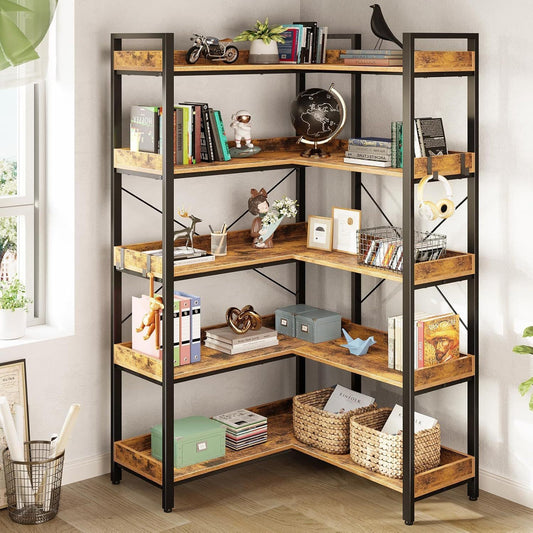 5-Tier L-Shaped Corner Bookshelf Heavy-Duty Metal Space-Saving Tall Shelf with 4 Hooks, Curved Corner Shelves for Books & Decor, Assembly, Brown - Suitable for Bedroom, Living Room, Office, Vertical Unit