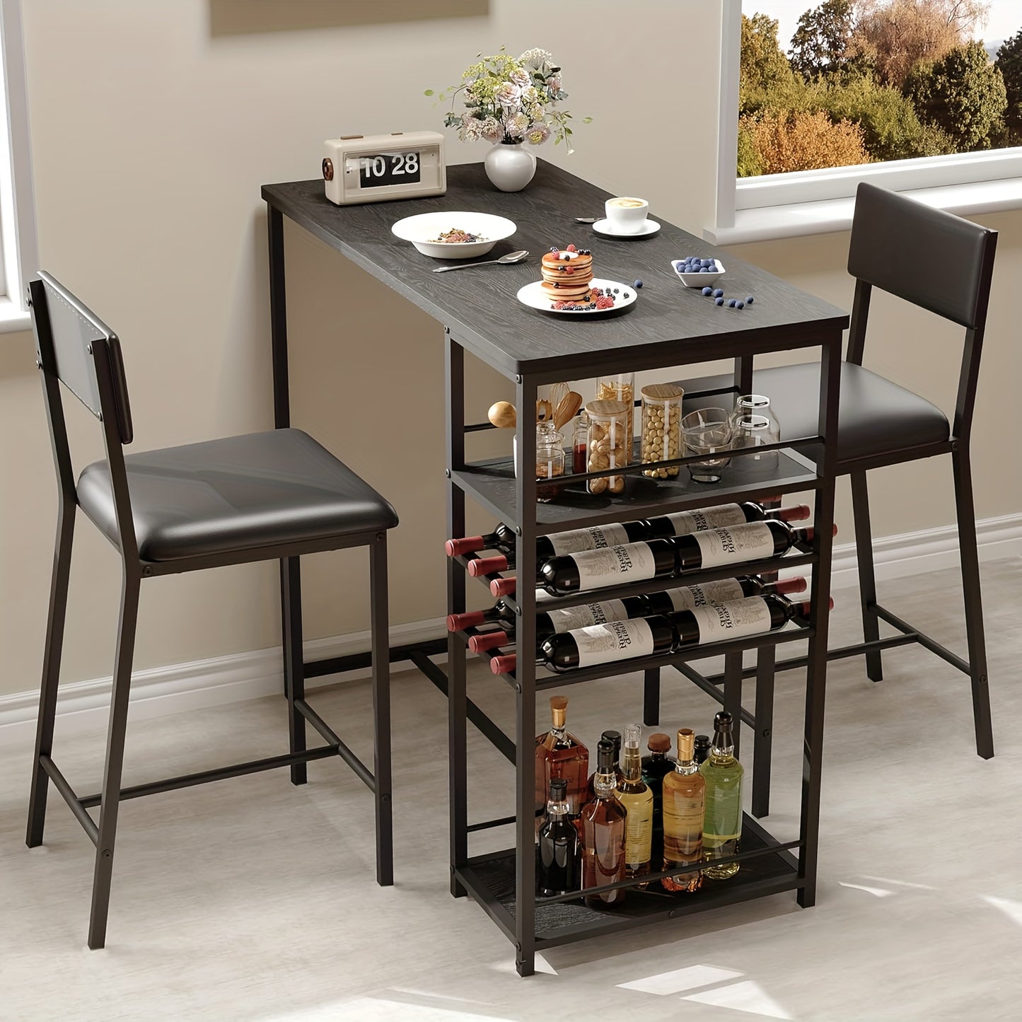 Eettafelset 2 Personen – Compacte Tafelset – Keukenmeubel – Stoelset – Kleine Ruimte – Counterhoogte Tafel – Met Opbergruimte – Zwart Metaal MDF