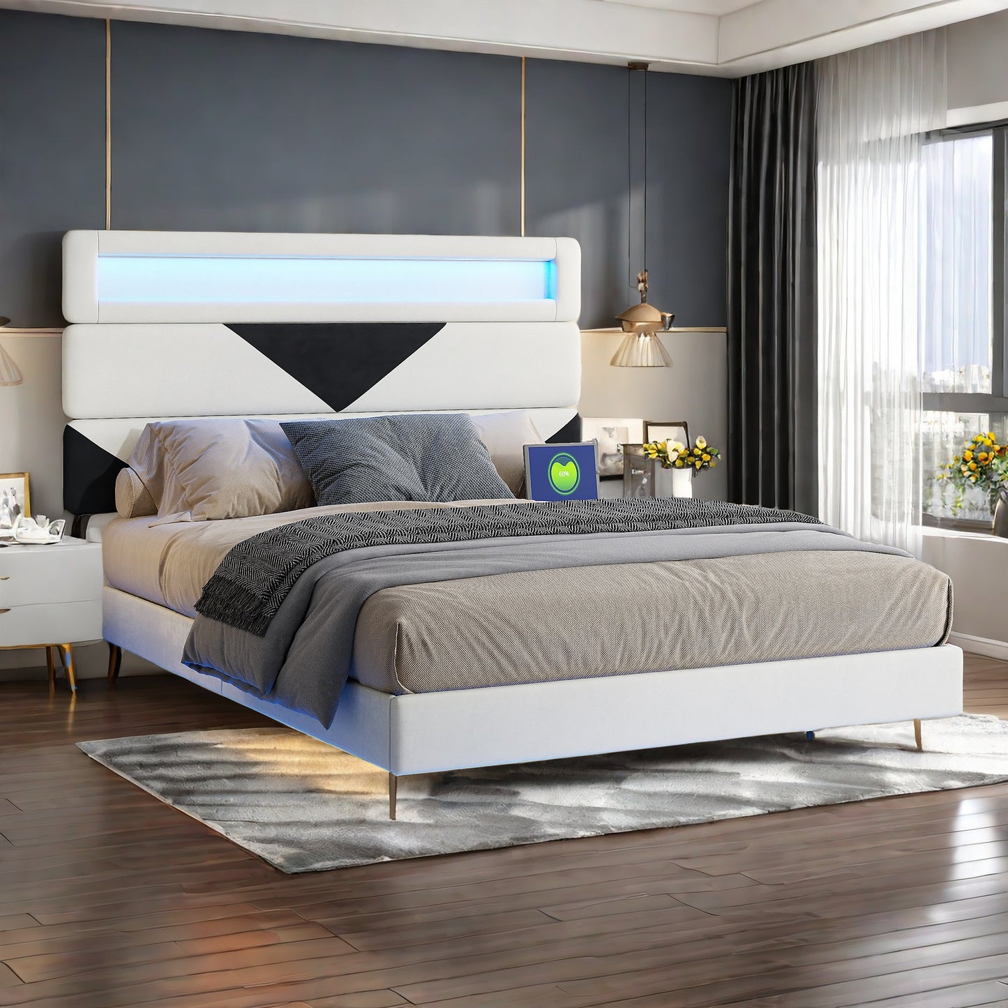 Bedframe – Tweepersoonsbed – Gestoffeerd Bed – Slaapbank – Opbergbed – 160x200 cm – Fluwelen Hoofdbord – LED Verlichting met USB & Type-C Poorten