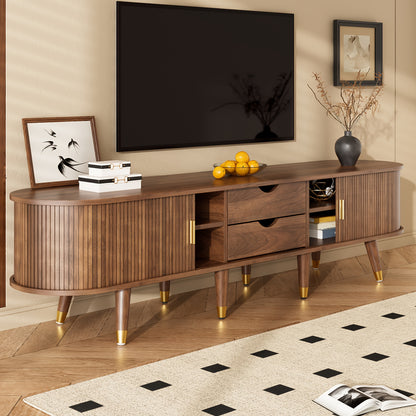 TV-kast – TV-meubel – Mediameubel – TV-dressoir – Tv-meubel met rieten schuifdeuren – Walnootkleur – 175 cm breed – Ruime opbergruimte – Duurzaam bamboemateriaal