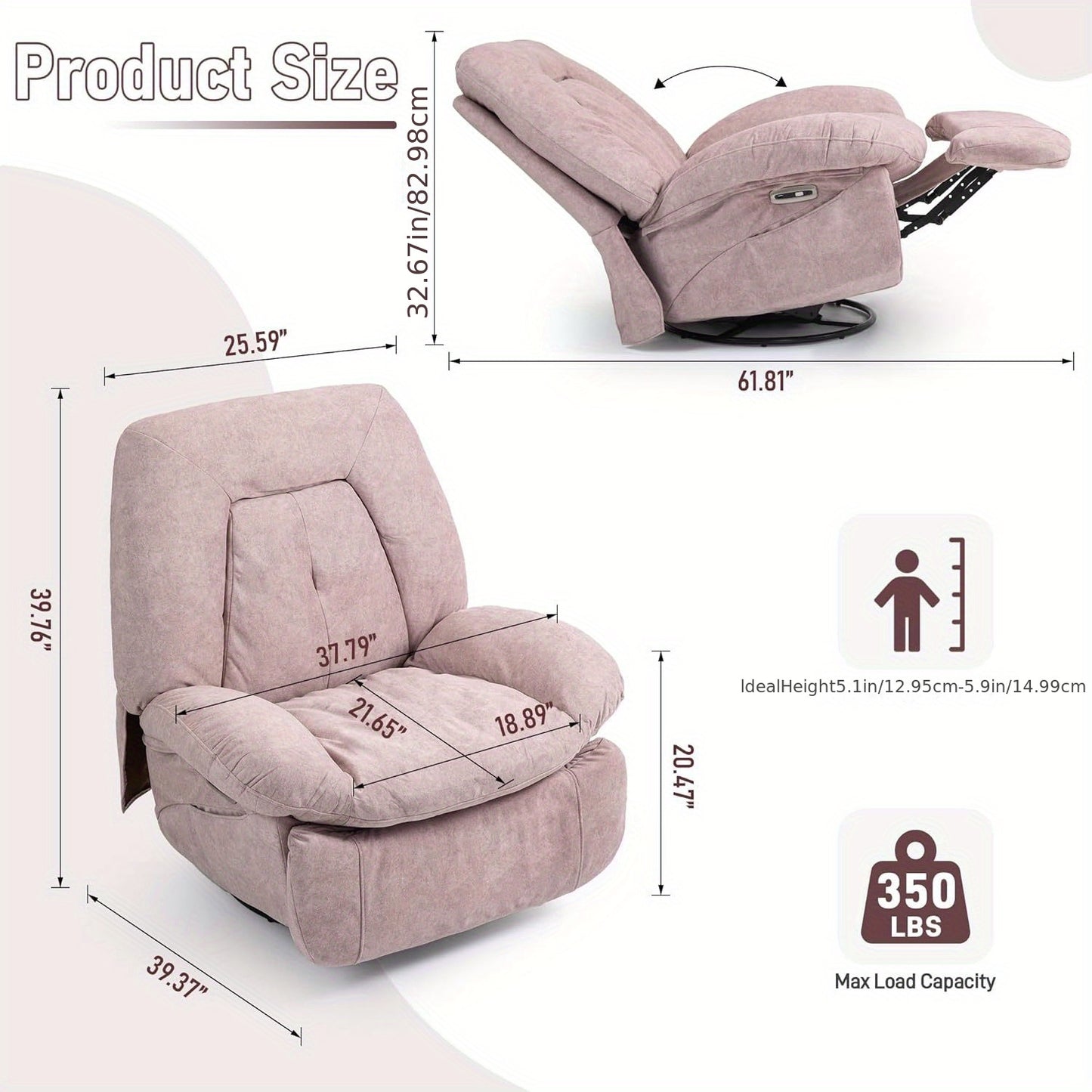 DYHOME Pink Modern Single Lounge Sofa Power Recliner - Swivel Massage Chair with USB Port, Rocking Function, Side Pockets & Storage Bag, Ergonomic Design for Living Room or Bedroom, Durable Polyester Fabric, Easy Assembly, Re