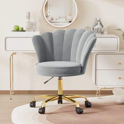 Velvet Bureaustoel – Draaistoel – Bureau Stoel – Kapstoel – Werkstoel – Luxe Gouden 5-Poots Onderstel – Verstelbare Hoogte & 360° Draaibaar – Memory Foam Zitting – Grijs
