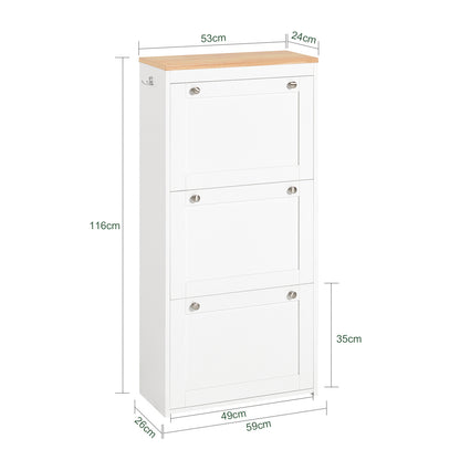 Schoenenrek – Schoenenkast – Schoenenopberger – Halmeubel – Schoenenbank – 3 Klapdeuren – Verstelbare Planken – Anti-Kantelbeveiliging – Wit Hout – 59x26x116 cm
