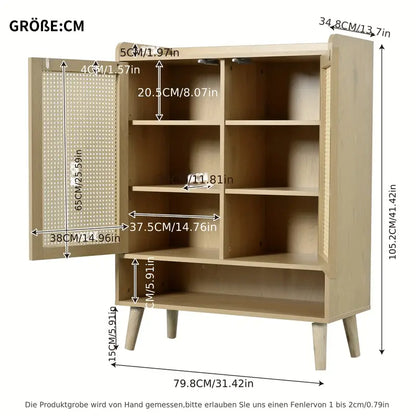 Schoenenkast – Schoenenopberger – Halkast – Schoenenrek – Schoenenbank – Modern Rotan – Dubbele Deuren – 5 Verstelbare Planken – Vrijstaand – 80 cm Breed – 27+ Inch Hoog – Natuurlijke Beige