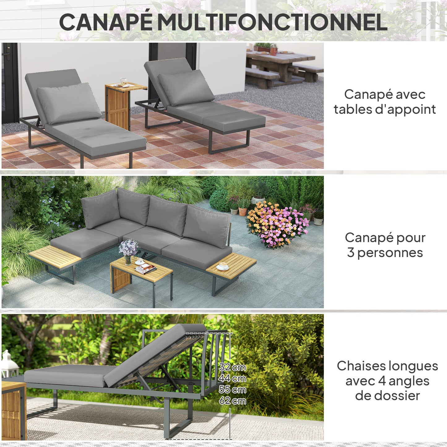 Loungeset – Tuinmeubelen – Buitenmeubilair – Hoekbank – Loungesofa – Acaciahout – 6-Delige Set – Verstelbare Rugleuningen – Grijze Kussens
